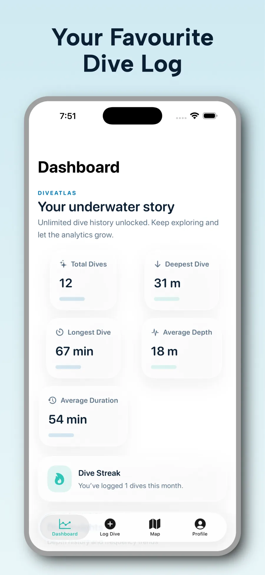 DiveAtlas dive log app dashboard screenshot