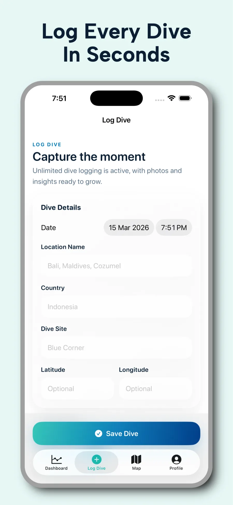 DiveAtlas scuba dive details screen screenshot