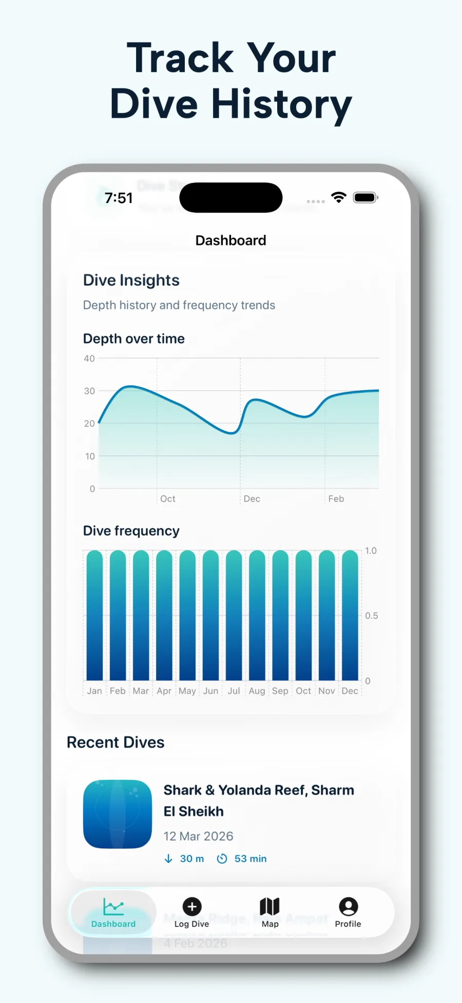 DiveAtlas analytics screen showing depth history and dive frequency charts