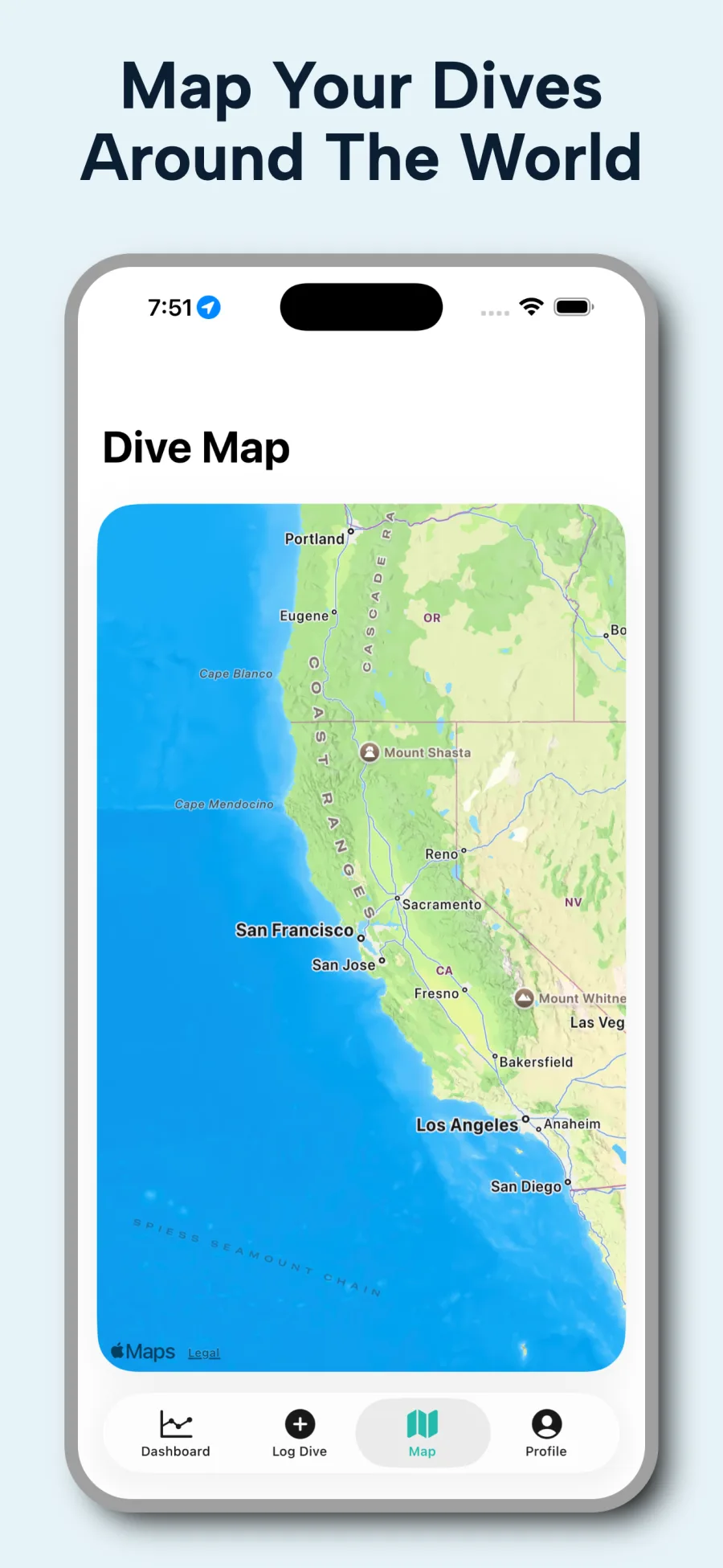 DiveAtlas dive map showing logged scuba dive sites