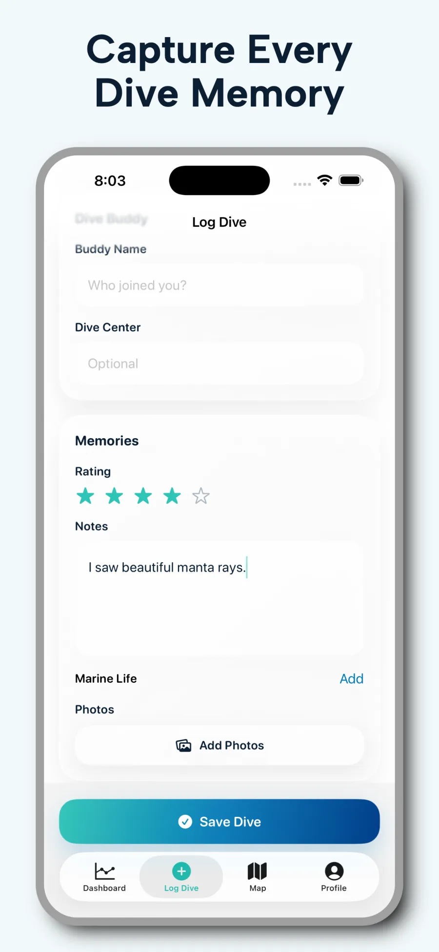 DiveAtlas dive memory screen with notes and photos