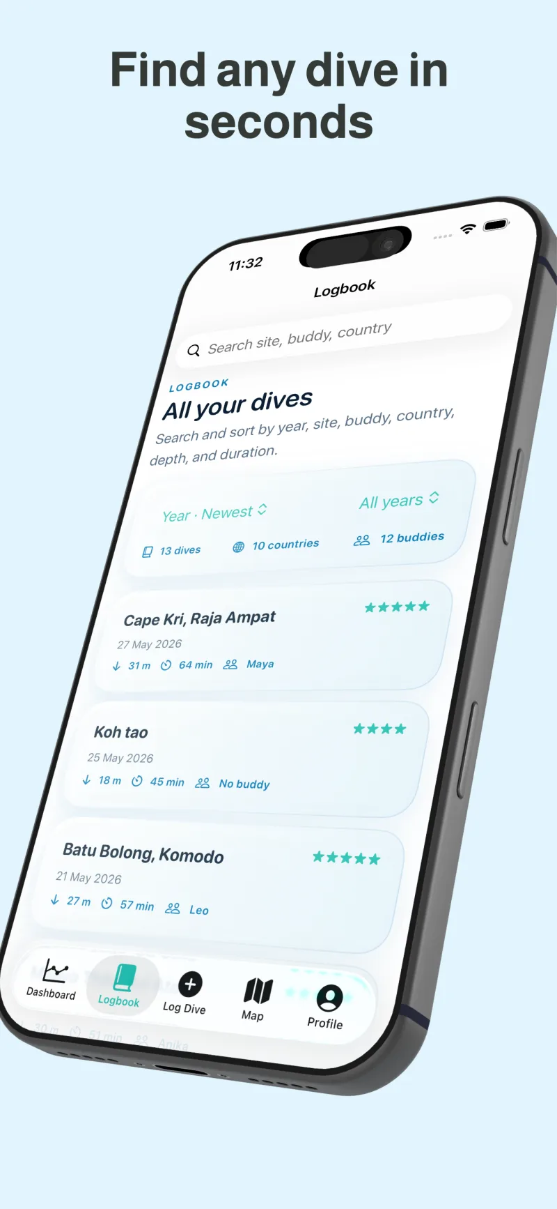 DiveAtlas searchable logbook with dive sites, buddies, and dates
