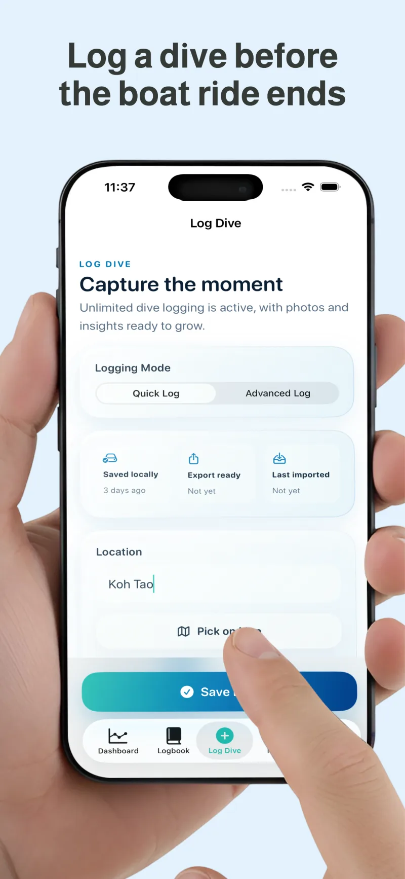 DiveAtlas quick and advanced dive entry with location and dive details