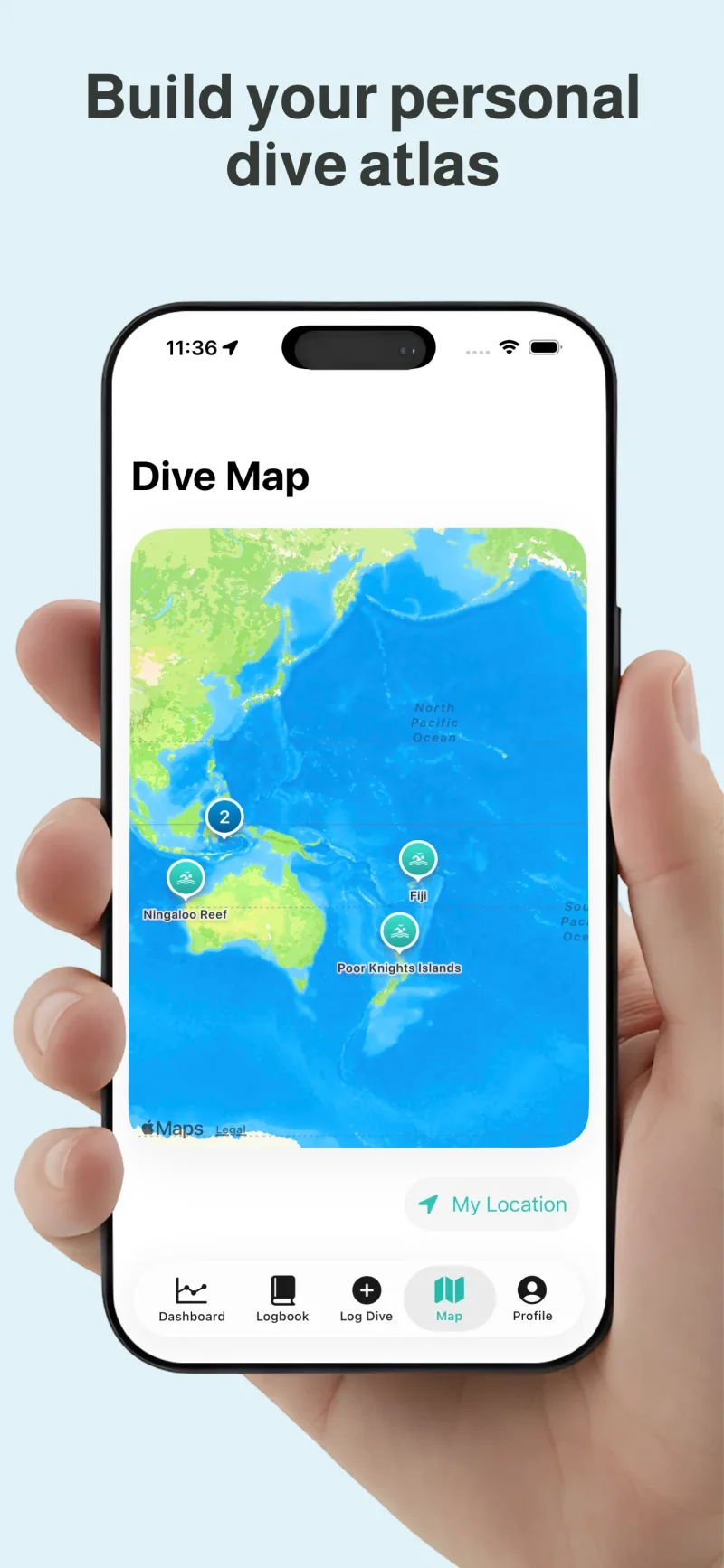 DiveAtlas map showing logged scuba dive sites