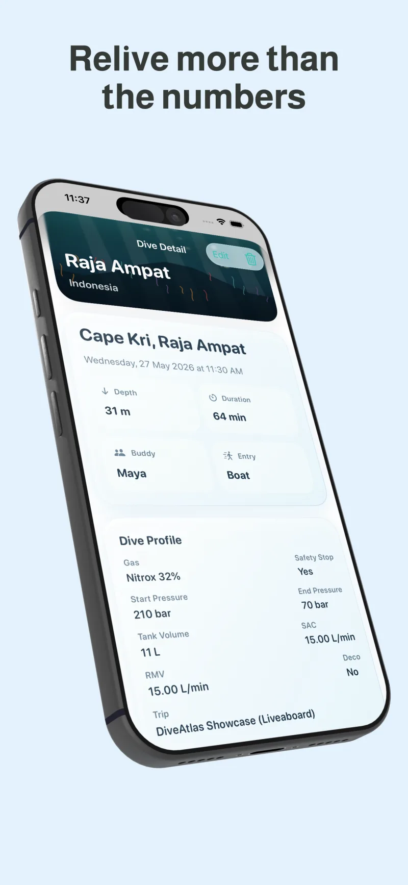 DiveAtlas dive detail with depth, duration, gas, and site memories