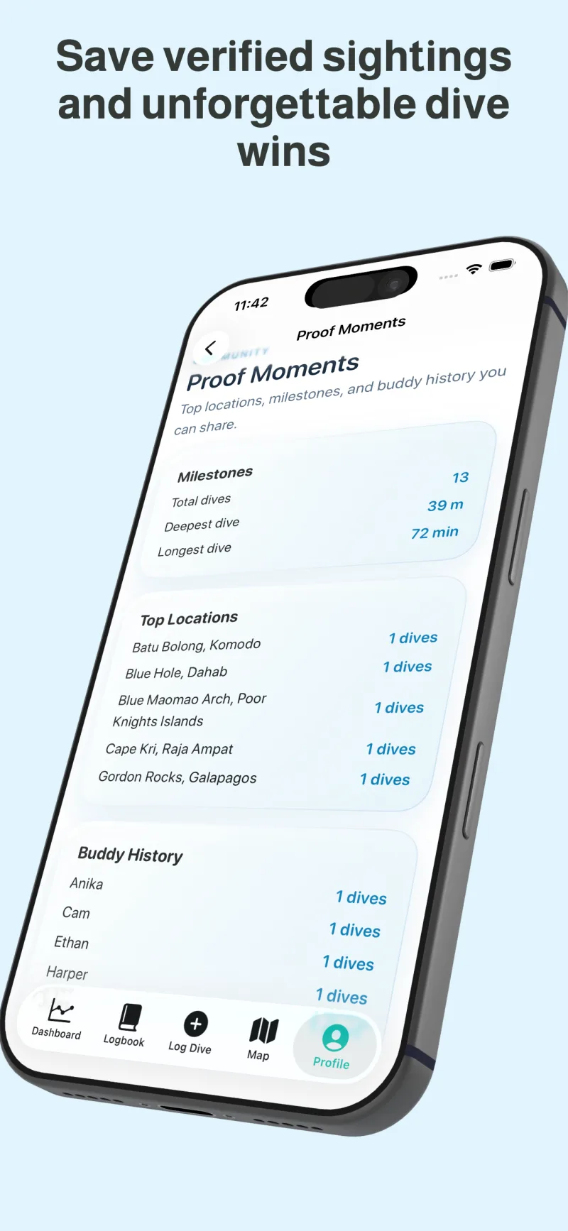 DiveAtlas Proof Moments with diving milestones and buddy history
