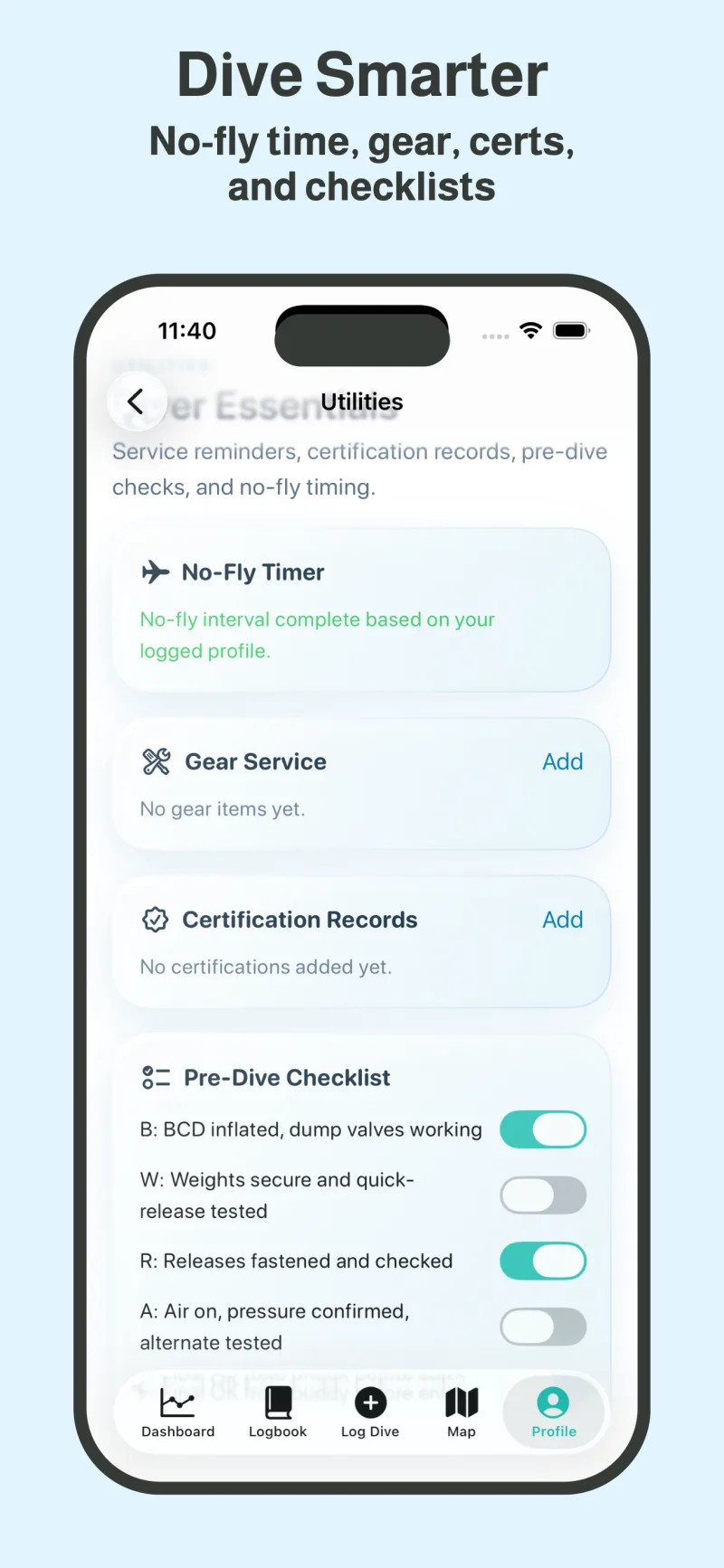 DiveAtlas diver utilities with no-fly timer, gear, certifications, and checklist